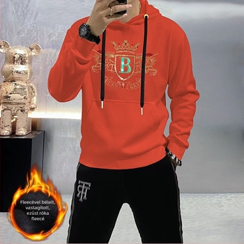 Férfi kapucnis pamut‑keverék pulóver-sweatshirt, hosszú ujjak, gallér nélküli, oldalsó zsebek, bordázott szél, karcsú szabás