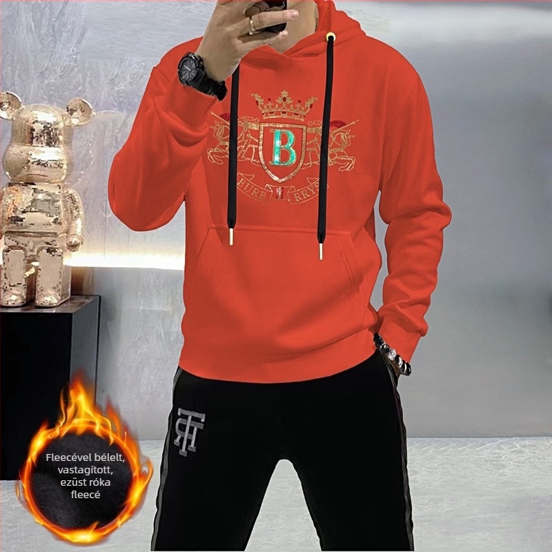Férfi kapucnis pamut‑keverék pulóver-sweatshirt, hosszú ujjak, gallér nélküli, oldalsó zsebek, bordázott szél, karcsú szabás