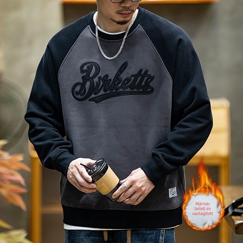 Férfi fleece-béléssel bélelt pulóver, kerek nyakú, hosszú ujjú, 96% poliészter