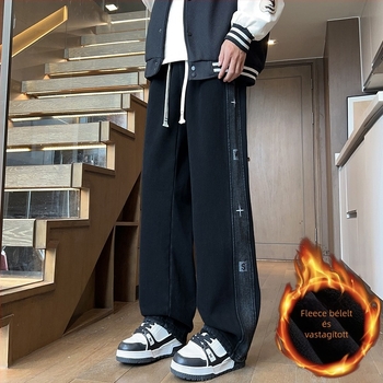 Tinédzsereknek szóló fleecelbeléses farmernadrág, egyenes szabás, középmagas derék, kötős zárás, őszi-téli mindennapi viselet