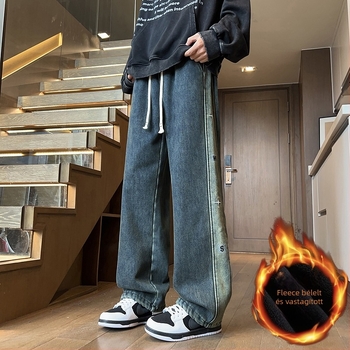 Tinédzsereknek szóló fleecelbeléses farmernadrág, egyenes szabás, középmagas derék, kötős zárás, őszi-téli mindennapi viselet