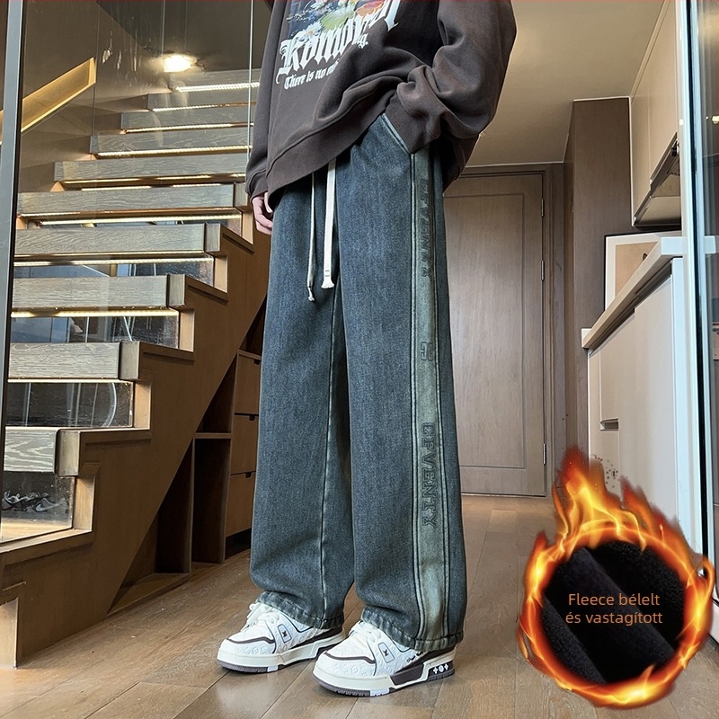 Tinédzsereknek szóló fleecelbeléses farmernadrág, egyenes szabás, középmagas derék, kötős zárás, őszi-téli mindennapi viselet