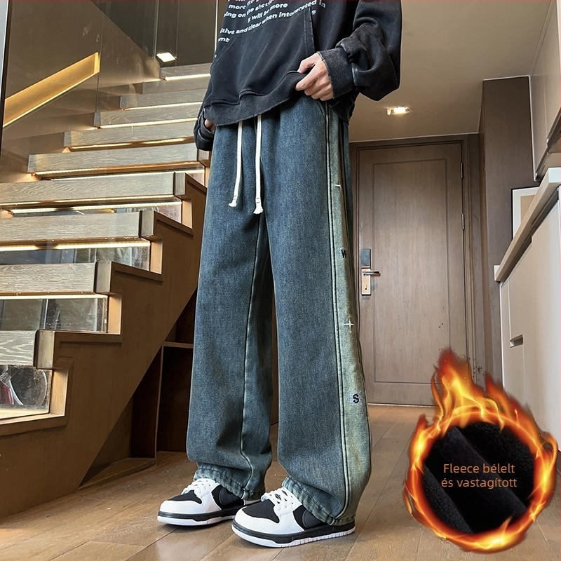 Tinédzsereknek szóló fleecelbeléses farmernadrág, egyenes szabás, középmagas derék, kötős zárás, őszi-téli mindennapi viselet