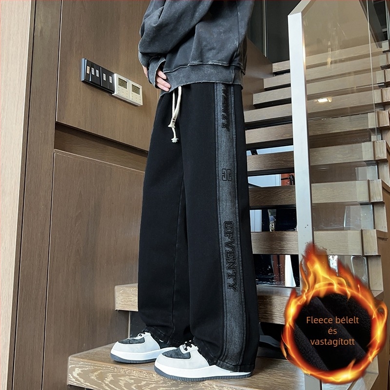Tinédzsereknek szóló fleecelbeléses farmernadrág, egyenes szabás, középmagas derék, kötős zárás, őszi-téli mindennapi viselet