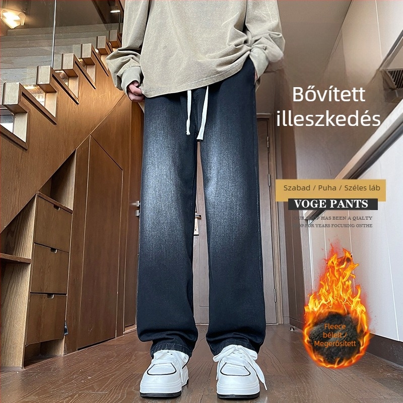Férfi pamut farmernadrág fleece-béléssel bélelt, egyenes szárú, középmagas derékvonal, kötős zárás (pamuttal; fleece-béléssel; egyenes szár; középmagas derék; kötős zárás)