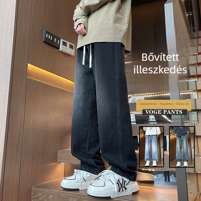 Férfi pamut farmernadrág fleece-béléssel bélelt, egyenes szárú, középmagas derékvonal, kötős zárás (pamuttal; fleece-béléssel; egyenes szár; középmagas derék; kötős zárás)