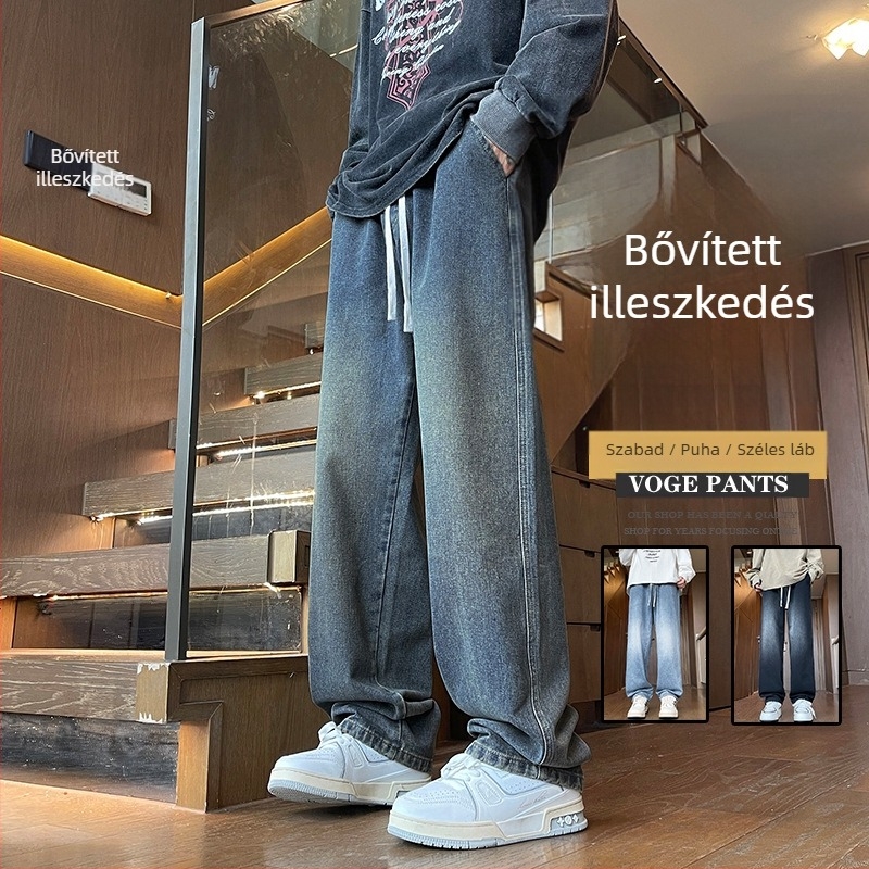 Férfi pamut farmernadrág fleece-béléssel bélelt, egyenes szárú, középmagas derékvonal, kötős zárás (pamuttal; fleece-béléssel; egyenes szár; középmagas derék; kötős zárás)
