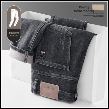 Férfi farmernadrág fleece-bélés, pamut-polyészter keverék, egyenes szabás, középmagas derekú, zipzár