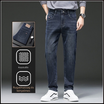 Férfi farmernadrág fleece-bélés, pamut-polyészter keverék, egyenes szabás, középmagas derekú, zipzár