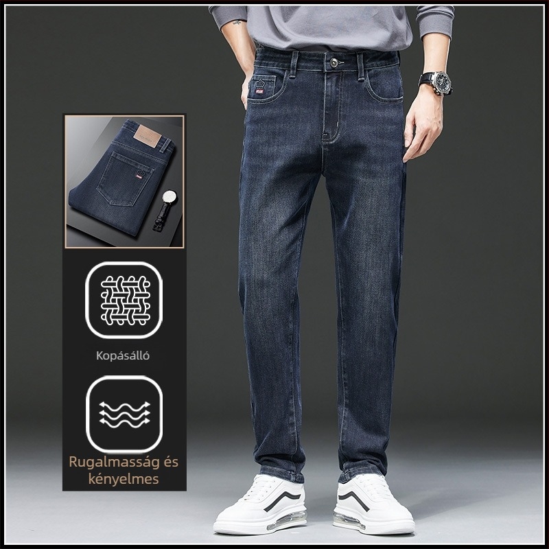 Férfi farmernadrág fleece-bélés, pamut-polyészter keverék, egyenes szabás, középmagas derekú, zipzár