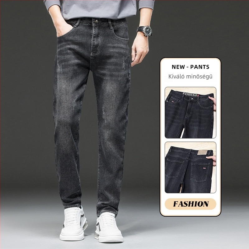 Férfi farmernadrág fleece-bélés, pamut-polyészter keverék, egyenes szabás, középmagas derekú, zipzár