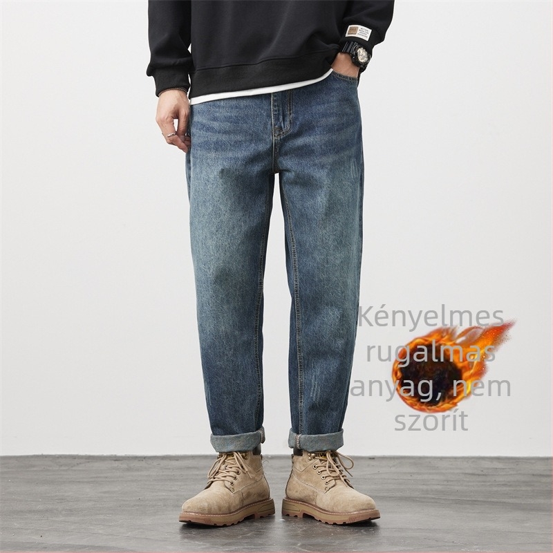 Laza férfi farmernadrág, középmagas derekú, pamut farmerranyagból, egyenes szárú, streetwear-stílus, homokos mosott felület