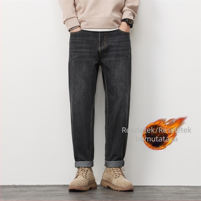 Laza férfi farmernadrág, középmagas derekú, pamut farmerranyagból, egyenes szárú, streetwear-stílus, homokos mosott felület