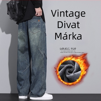 Férfi farmernadrág – fleece bevonat, téli, egyenes szár, poliészter, kötős zárás