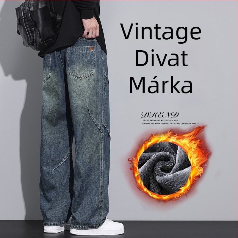 Férfi farmernadrág – fleece bevonat, téli, egyenes szár, poliészter, kötős zárás