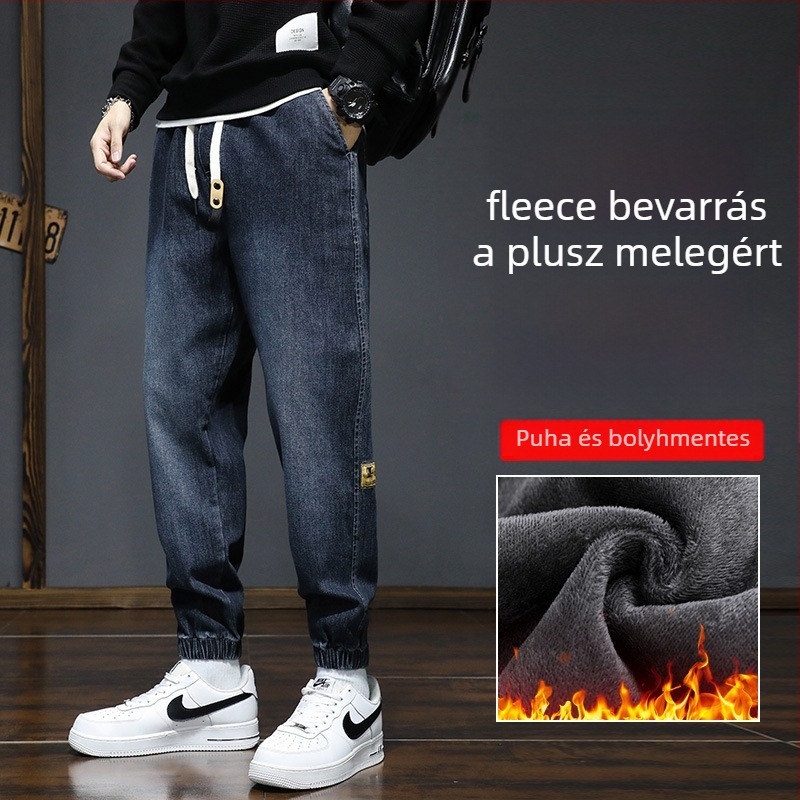 Férfi denim nadrág fleece-beléssel, lazított fazon, középmagas derék, kötős zárás, kőmosott