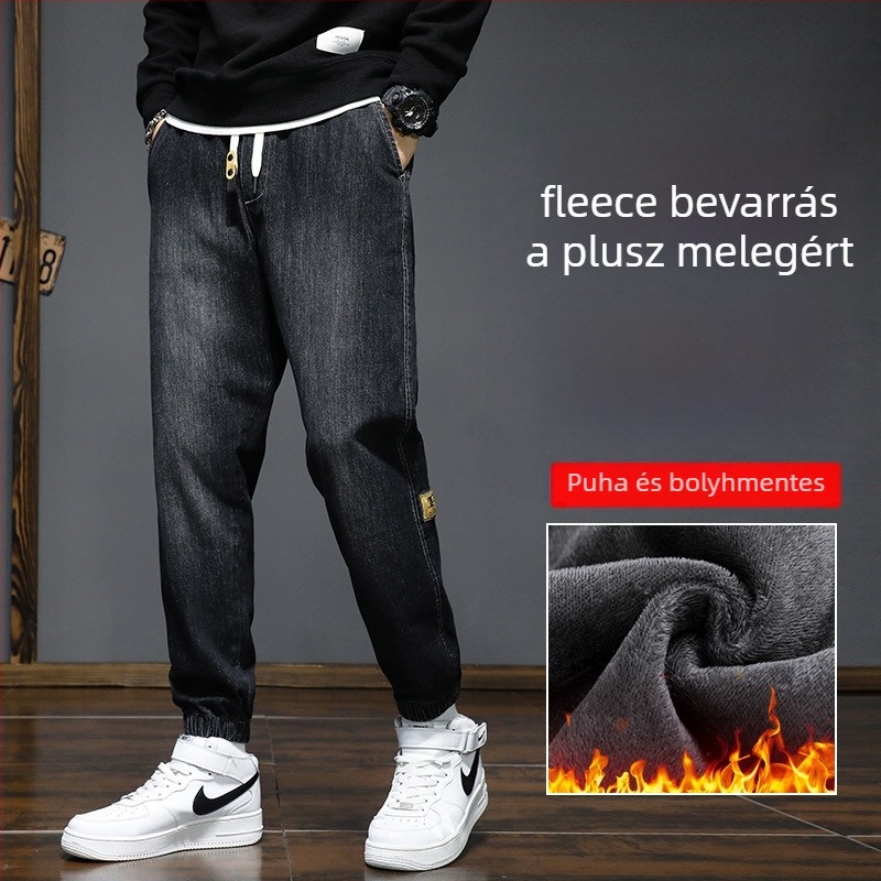 Férfi denim nadrág fleece-beléssel, lazított fazon, középmagas derék, kötős zárás, kőmosott