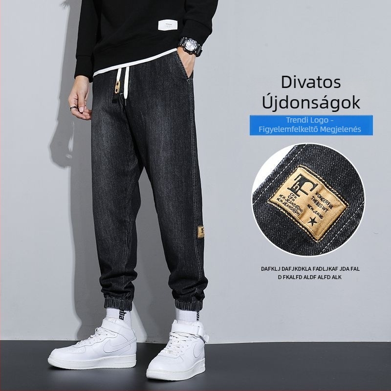 Férfi denim nadrág fleece-beléssel, lazított fazon, középmagas derék, kötős zárás, kőmosott