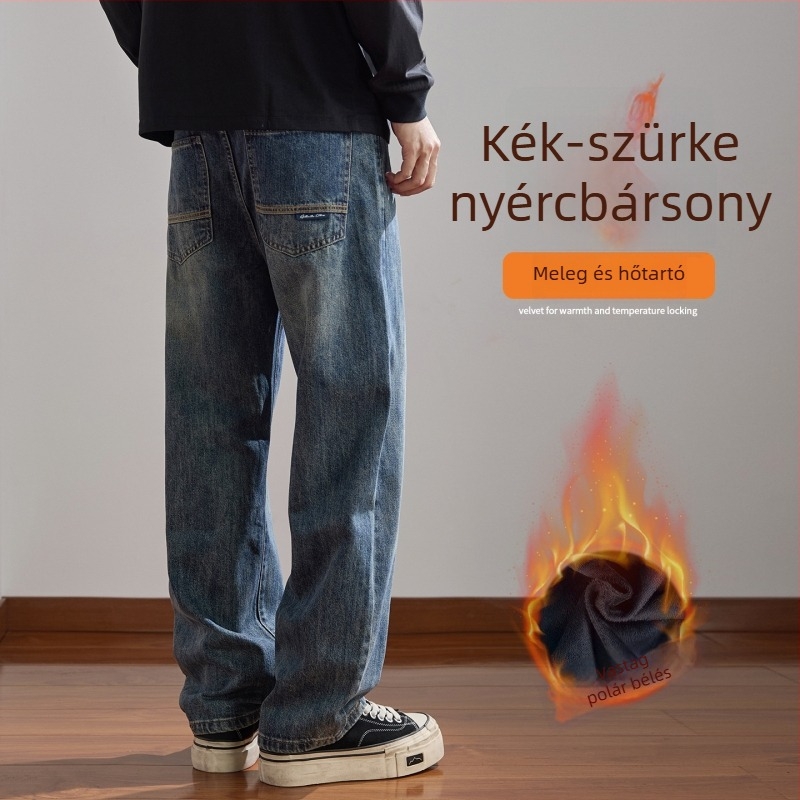Férfiaknak szóló egyenes szárú farmernadrág, egyszínű, mosott retro stílus, laza szabás, őszi viselet