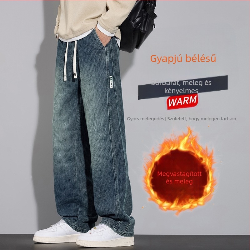 Férfi csillagmintás farmer fleece-sel bélelt, ősz-tél, széles lábú, egyenes fazon