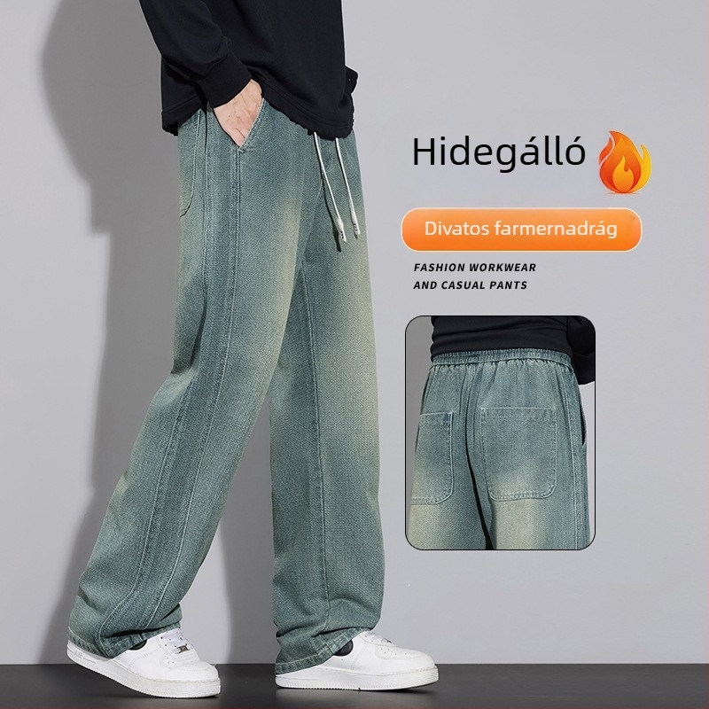Férfi csillagmintás farmer fleece-sel bélelt, ősz-tél, széles lábú, egyenes fazon