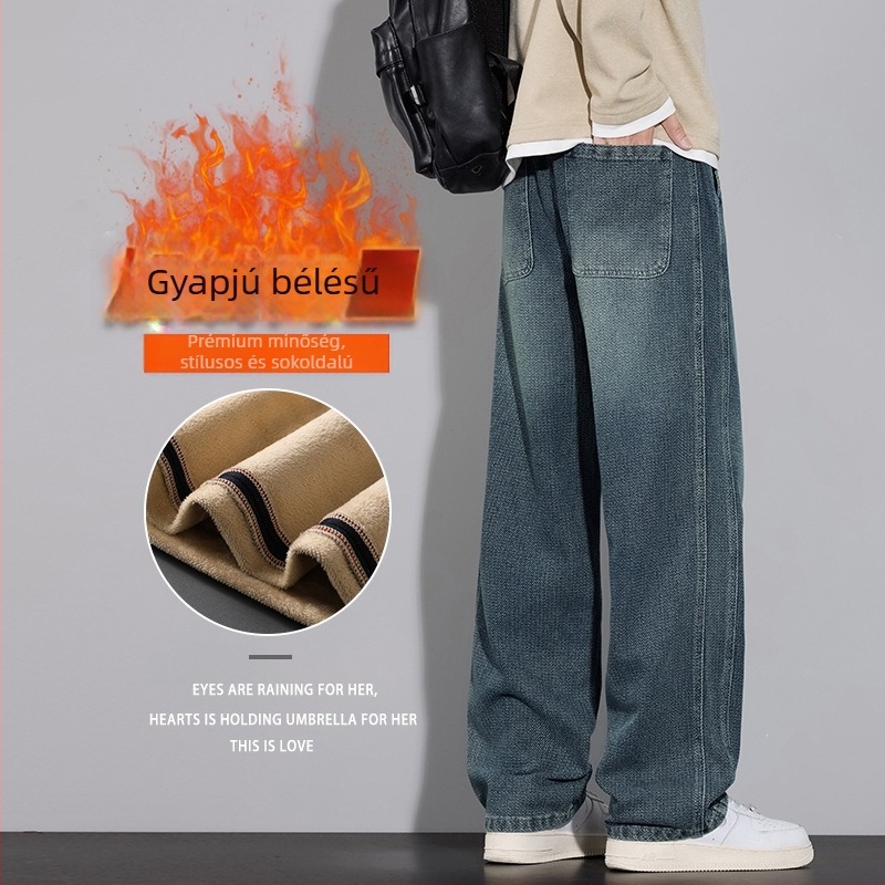 Férfi csillagmintás farmer fleece-sel bélelt, ősz-tél, széles lábú, egyenes fazon