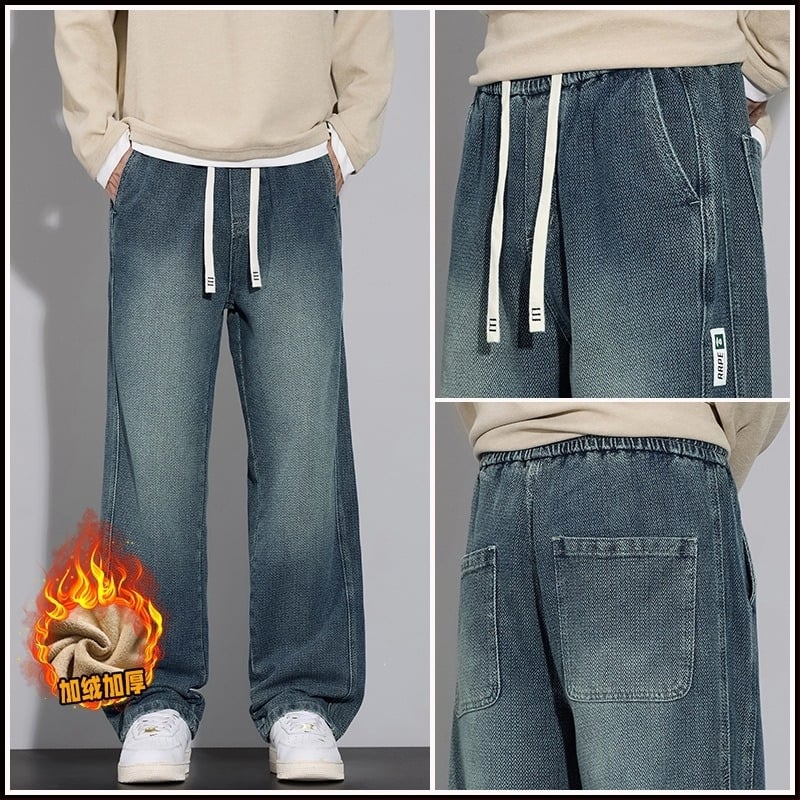 Férfi csillagmintás farmer fleece-sel bélelt, ősz-tél, széles lábú, egyenes fazon