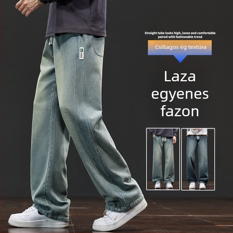 Férfi csillagmintás farmer fleece-sel bélelt, ősz-tél, széles lábú, egyenes fazon