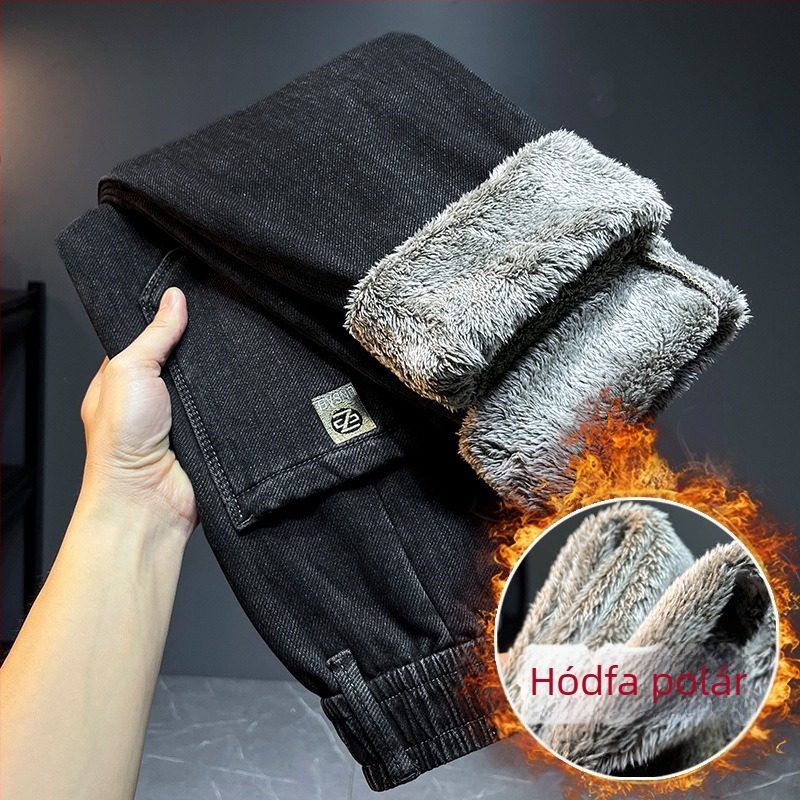 Felsőkategóriás férfi farmer fleece-béléssel, slim-fit, egyenes szár, fekete