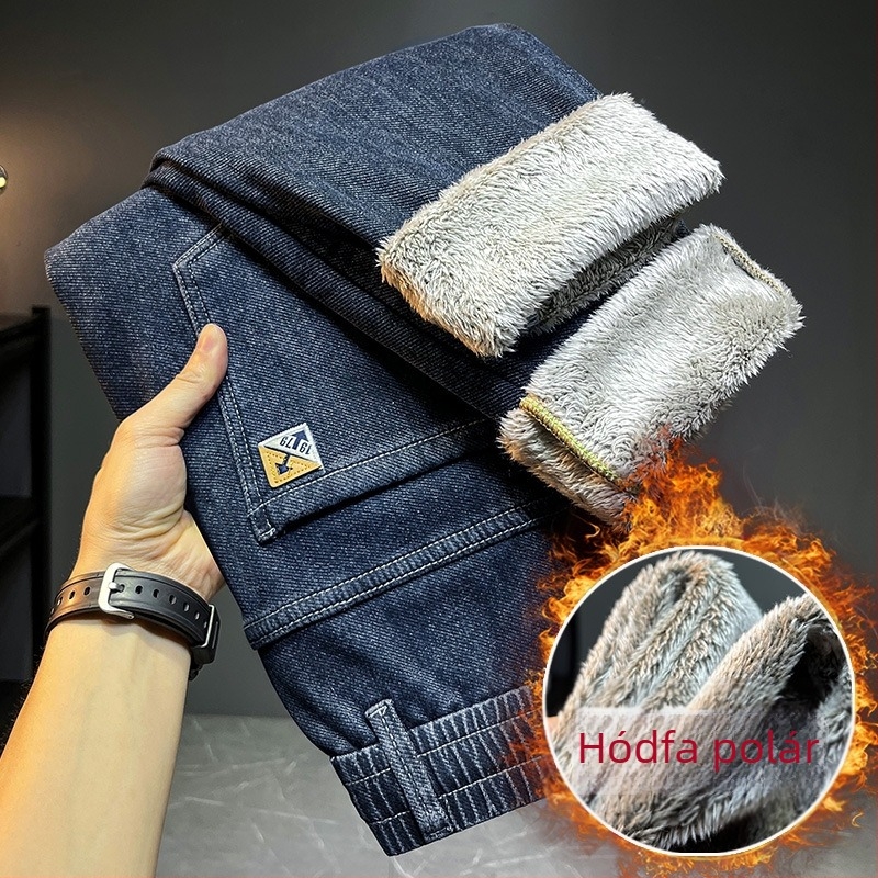 Felsőkategóriás férfi farmer fleece-béléssel, slim-fit, egyenes szár, fekete
