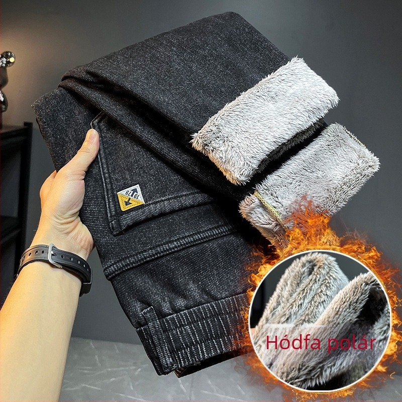 Felsőkategóriás férfi farmer fleece-béléssel, slim-fit, egyenes szár, fekete
