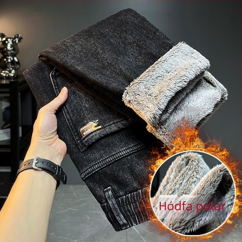 Felsőkategóriás férfi farmer fleece-béléssel, slim-fit, egyenes szár, fekete