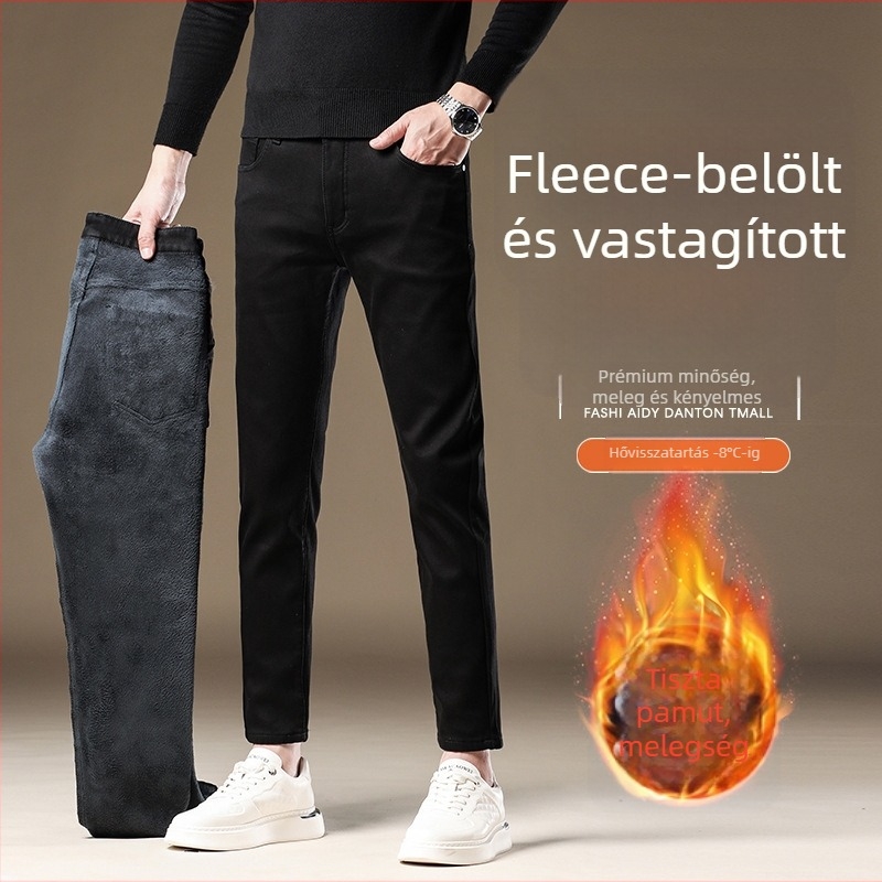Férfi fleece-béléssel készült slim-fit farmernadrág, középmagas derék, cipzáras záródás, kilenc-tized hosszúságú