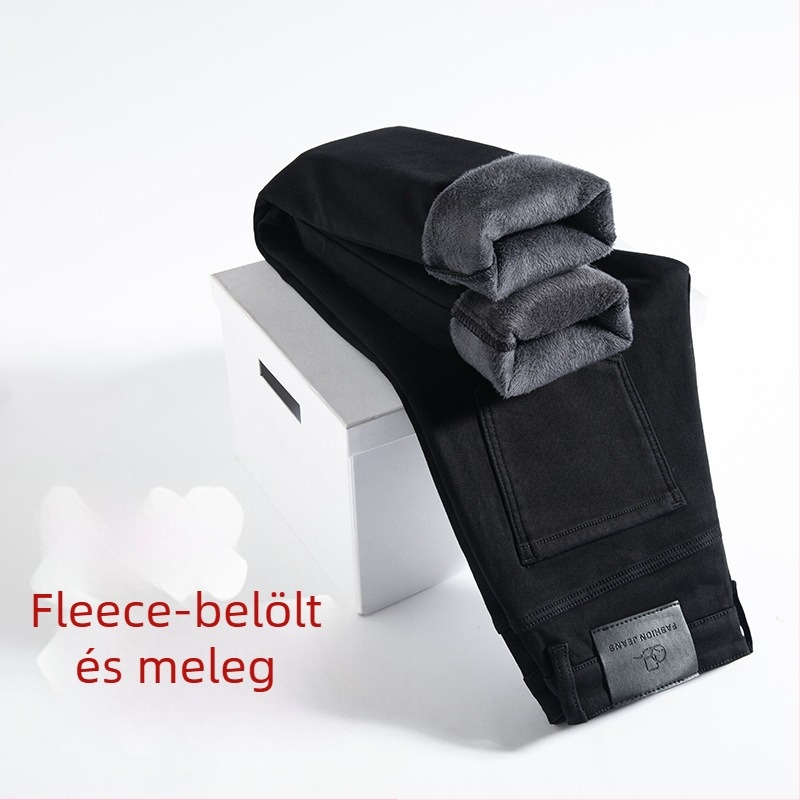 Férfi fleece-béléssel készült slim-fit farmernadrág, középmagas derék, cipzáras záródás, kilenc-tized hosszúságú