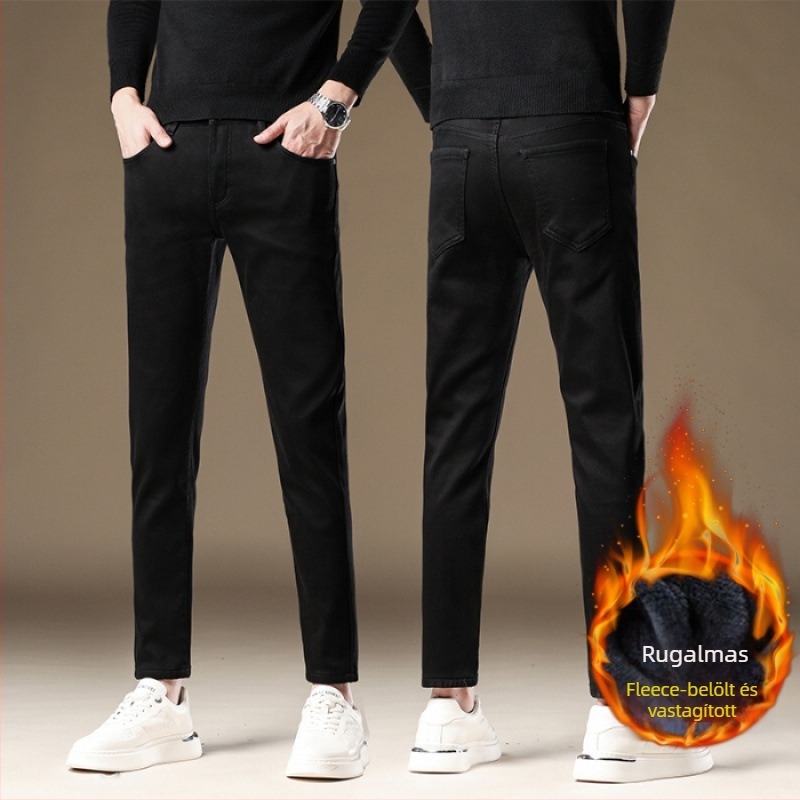 Férfi fleece-béléssel készült slim-fit farmernadrág, középmagas derék, cipzáras záródás, kilenc-tized hosszúságú