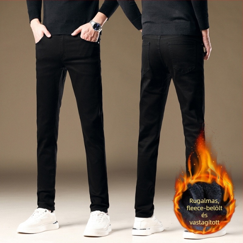 Férfi fleece-béléssel készült slim-fit farmernadrág, középmagas derék, cipzáras záródás, kilenc-tized hosszúságú