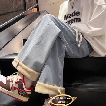Férfi denim nadrág fleece béléssel, koreai stílus, őszi-téli, amerikai retro, egyenes szabás