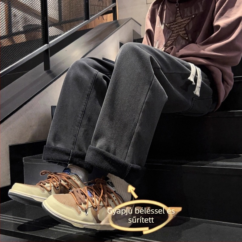 Férfi denim nadrág fleece béléssel, koreai stílus, őszi-téli, amerikai retro, egyenes szabás