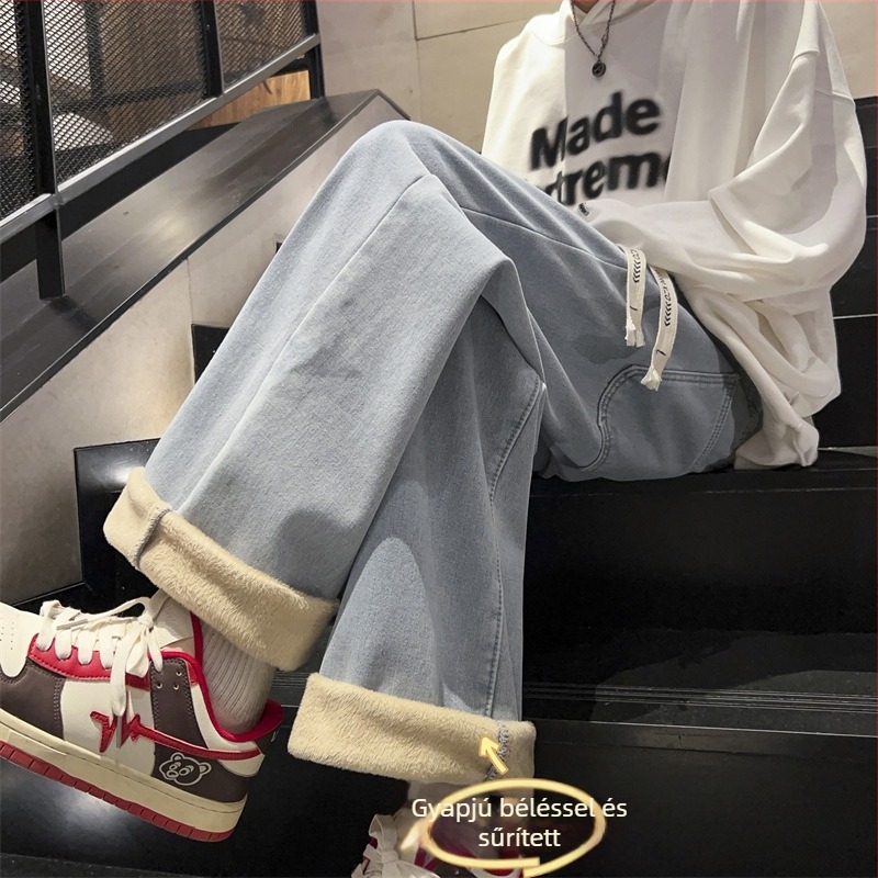 Férfi denim nadrág fleece béléssel, koreai stílus, őszi-téli, amerikai retro, egyenes szabás