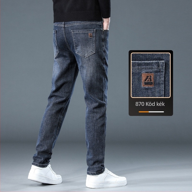 Férfi egyenes szabású farmer fleece-bélelt, vastag denim, mikro-elasztikus, középmagas derék (Téli 2025 kiadás)