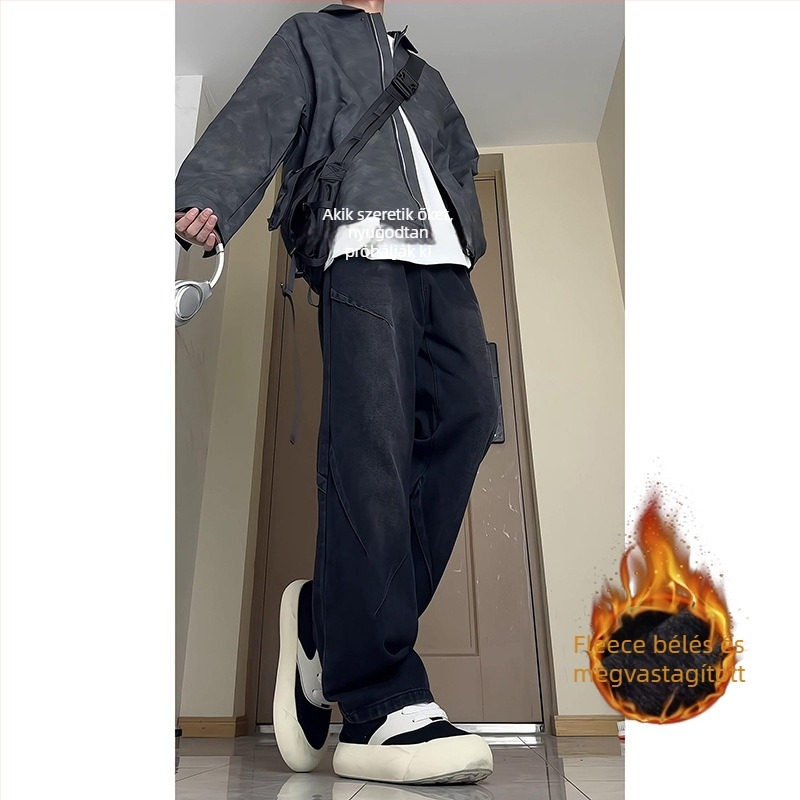 Férfi farmer fleece belsővel, őszi-téli, lazán szabott egyenes szabás, vastag denim, 2025-ös modell