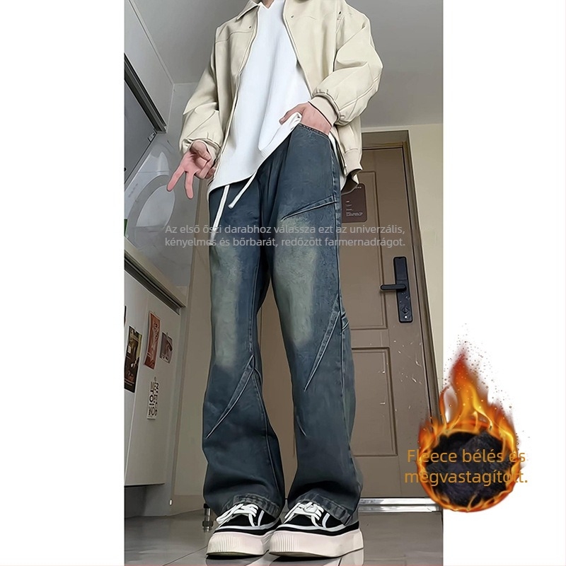 Férfi farmer fleece belsővel, őszi-téli, lazán szabott egyenes szabás, vastag denim, 2025-ös modell