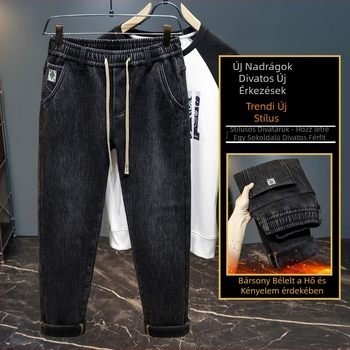 Férfi denimnadrág, középmagas derék, fleece-béléssel, egyenes szabás, kötős zárás, mikroelasticitás, több zseb