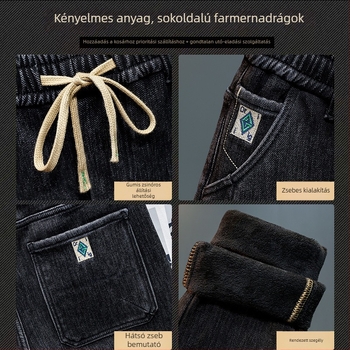 Férfi denimnadrág, középmagas derék, fleece-béléssel, egyenes szabás, kötős zárás, mikroelasticitás, több zseb
