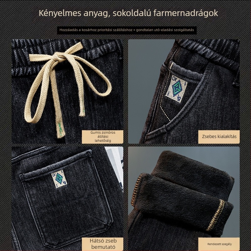 Férfi denimnadrág, középmagas derék, fleece-béléssel, egyenes szabás, kötős zárás, mikroelasticitás, több zseb