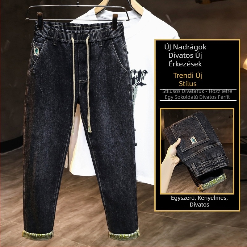 Férfi denimnadrág, középmagas derék, fleece-béléssel, egyenes szabás, kötős zárás, mikroelasticitás, több zseb