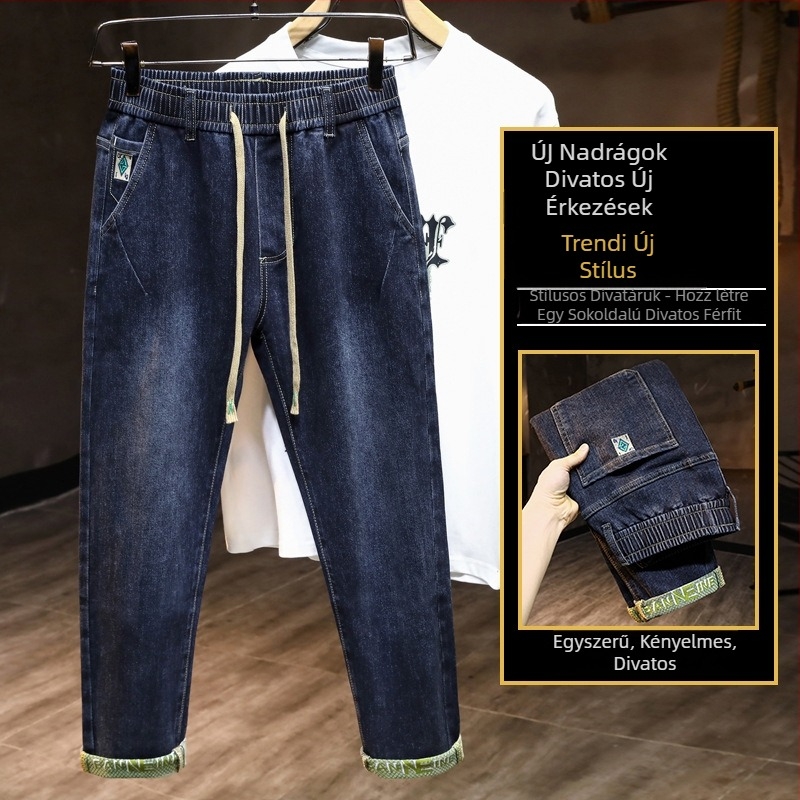 Férfi denimnadrág, középmagas derék, fleece-béléssel, egyenes szabás, kötős zárás, mikroelasticitás, több zseb