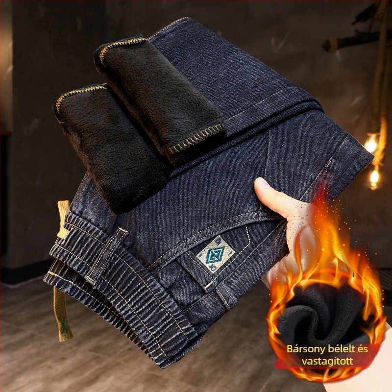 Férfi denimnadrág, középmagas derék, fleece-béléssel, egyenes szabás, kötős zárás, mikroelasticitás, több zseb