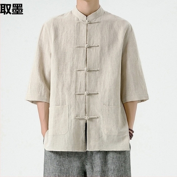 Férfi pamut ing, állógallér, rövid ujjú, laza szabás, japán vintage stílus