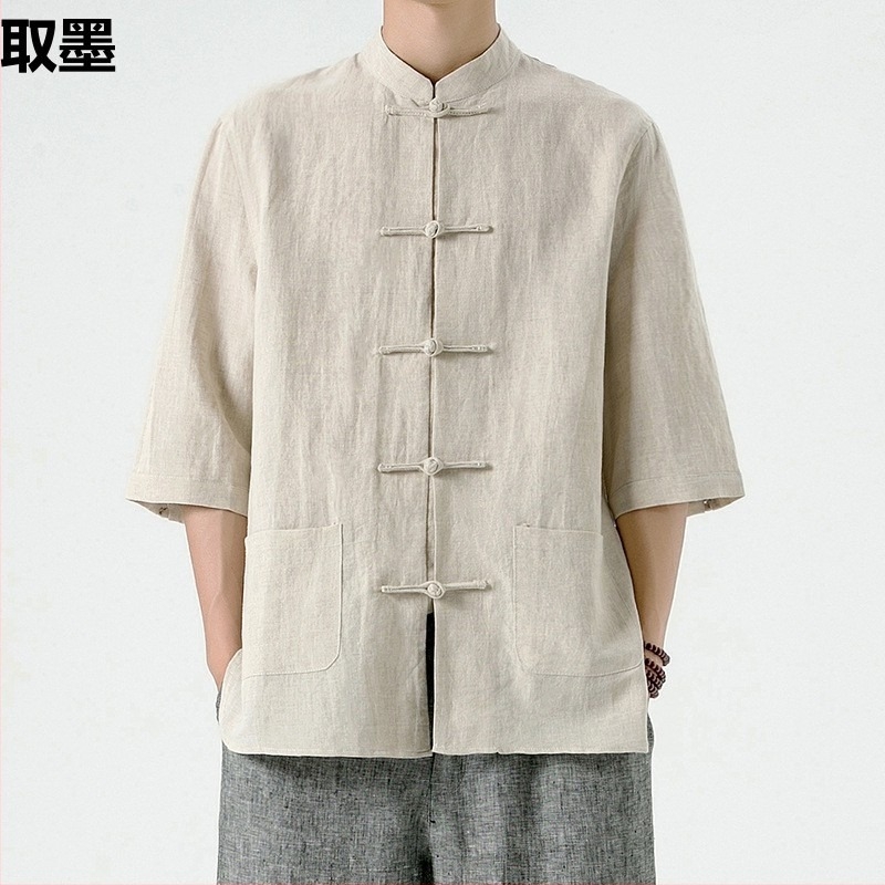 Férfi pamut ing, állógallér, rövid ujjú, laza szabás, japán vintage stílus